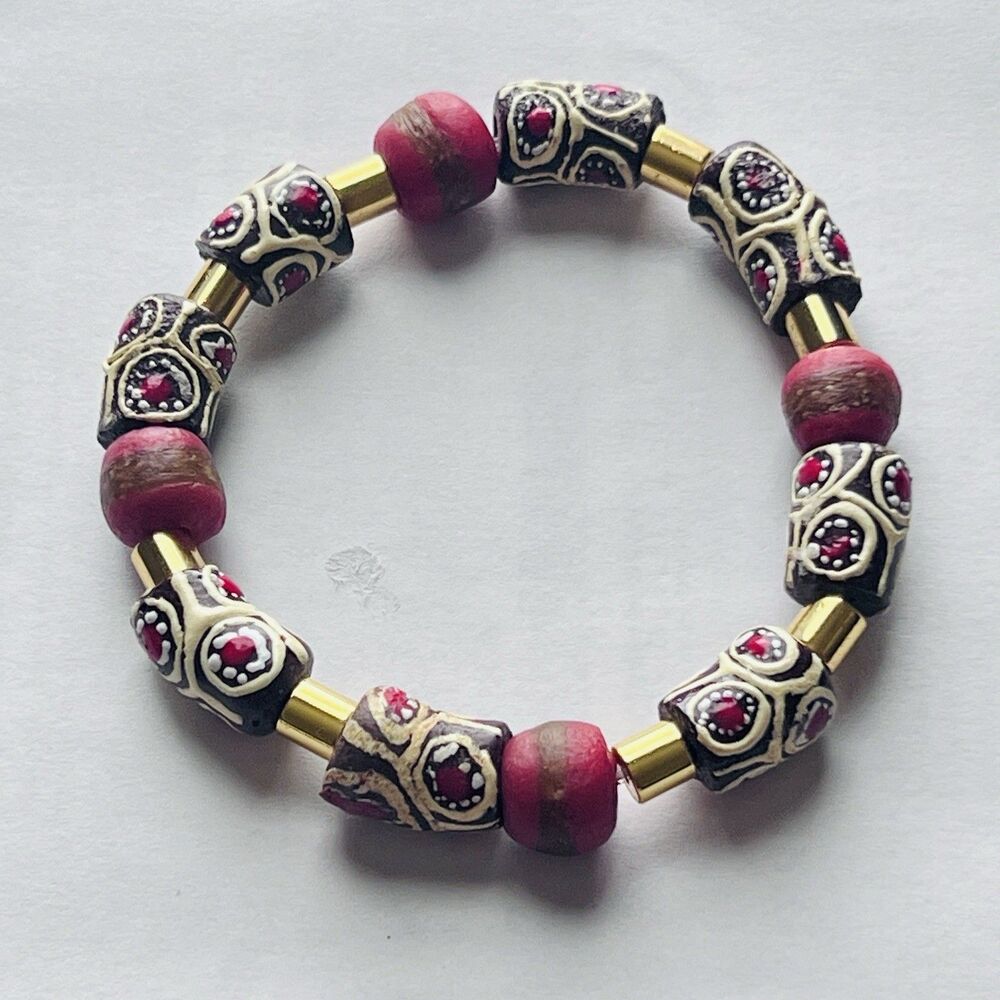 Beaded Stretch Bracelet African Trade Beads Red Brown Ethnic Unisex Handmade